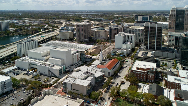 Downtown Orlando aerial with civic buildings and freeway