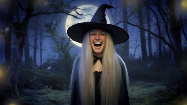 Enchanted Witch in Moonlit Forest Laughs at Night.
