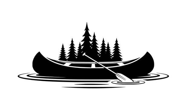 Black silhouette canoe with paddle on water and pine trees nature vector illustration isolated on transparent background