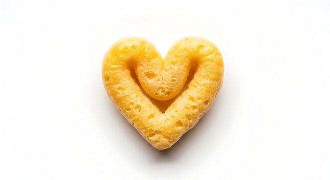 A high-resolution, minimalist studio photograph featuring a single, charming heart-shaped breakfast cereal piece isolated on a clean, seamless white background.