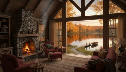 Naklejka premium Cozy cabin with a lake view during fall in the evening light