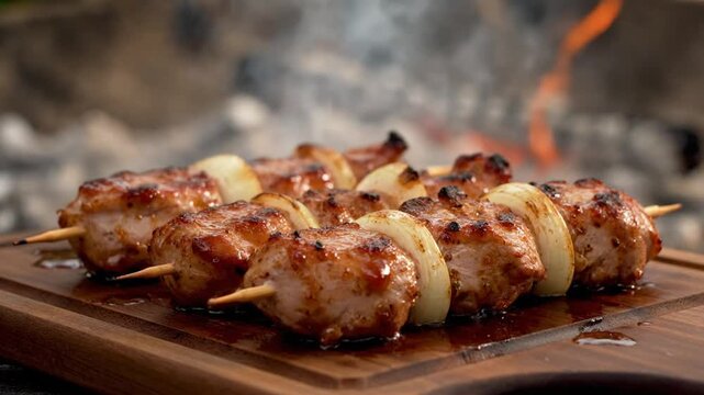 Grilled Meat Skewers on Wooden Board.