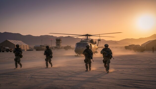 Soldiers approach a helicopter at a military base during sunset in a desert environment