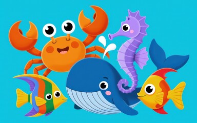 Obraz premium Colorful sea creatures swim together in ocean