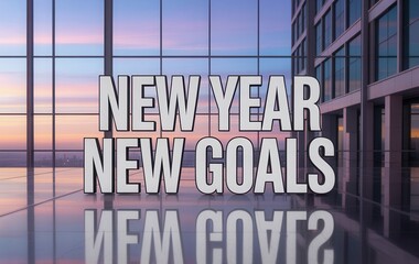 Fototapeta premium New Year New Goals Concept with Modern Office Background at Sunset