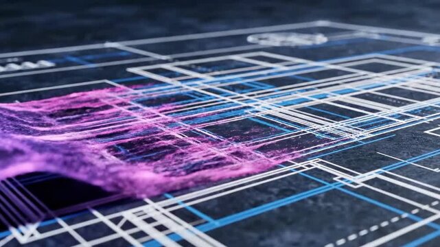 A purple and pink abstract 3D object on a technical drawing background