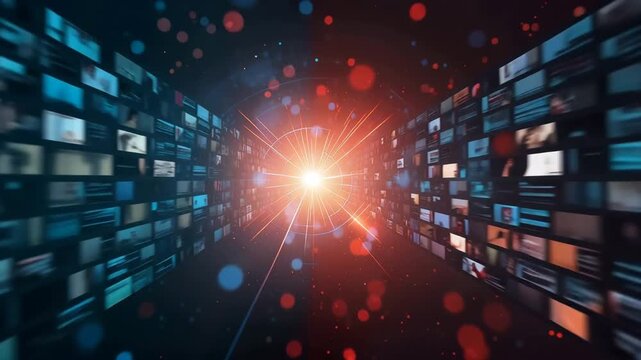 左右で異なる分野が並ぶ映像の壁、中心でつながる調和のコア