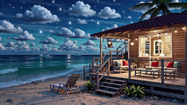 cozy beach house night scene with ocean view and warm lighting | relaxation, travel, nightscape, coastal, vacation theme