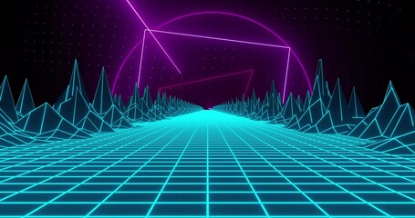 Fototapeta premium Leading neon cyan grid roadway toward horizon in synthwave, magenta sun and wireframe peaks