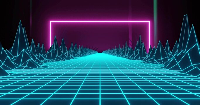 Stretching cyan grid plane leading toward magenta neon frame in synthwave corridor, with peaks