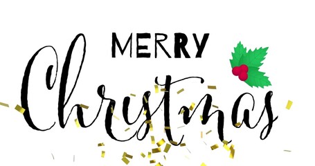 Showing Merry Christmas text on white, MERRY, script, gold confetti, green holly three red berries