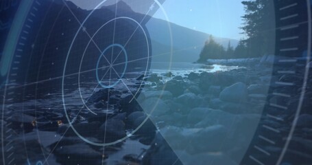 Fototapeta premium Scanning radar HUD, onboard sensor mapping shallow water along rocky lakeshore near mountain