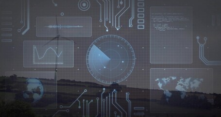 Fototapeta premium Displaying central radar HUD scanning rural hills at dusk, with waveform, world map, circuit traces