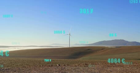 Turning white wind turbine spinning on ridge, showing rolling farm fields, low fog, AR overlays