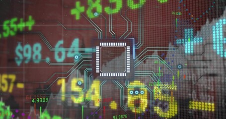 Pulsing central microchip sending circuit traces across abstract red grid, with neon tickers $98