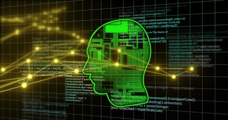 Glowing neon-green head silhouette pulsing with circuit traces in virtual grid, with floating code