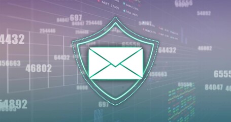 Floating envelope icon glowing in shield emblem over virtual UI showing grid chart data markers