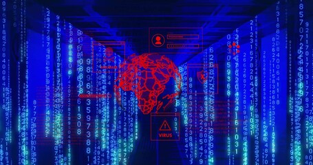 Pulsing red translucent network globe hovering over server-rack corridor, with VIRUS overlay
