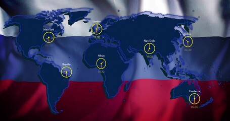 Displaying dark-blue map centered over Russian flag, showing yellow-clock icons with city times