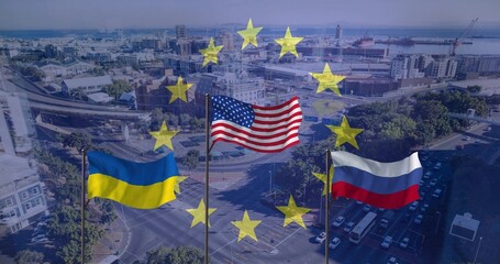Naklejka premium Displaying United States, Ukraine, Russia flags over coastal roundabout, with EU stars overlay