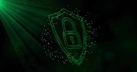 Vertical video: Causing data flow driving shield pulsing, padlock glowing, bits moving for security