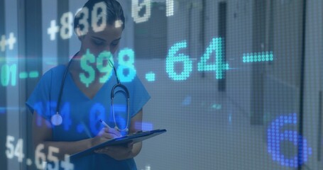 Writing Indian nurse checking clipboard in medical corridor, blue scrubs, stethoscope, data overlay © vectorfusionart
