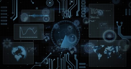 Displaying central radar HUD sweeping over command center grid, with faint blips and circuit traces