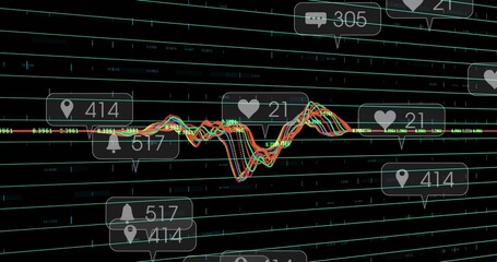 Showing bright waveform crossing baseline in dashboard, with grid, callouts and icons with counts