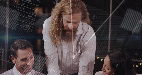 Leading manager leaning over glass table at office, wearing white shirt with data overlays
