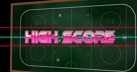 Naklejka premium Displaying framed green tactical board hanging on dark studio wall, showing magenta-pink HIGH SCORE