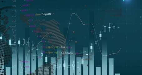 Naklejka premium Displaying dashboard showing trading cybersecurity on teal display, with candlesticks and code tags