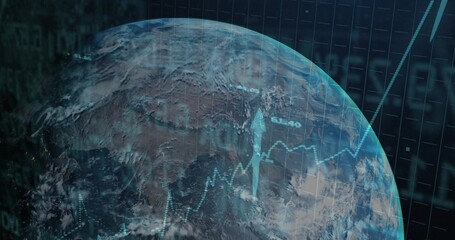 Fototapeta premium Displaying Earth globe rotating in dashboard with cyan grid charts, upward arrow, numeric labels