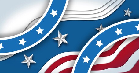 Showing two blue circular ribbons with white stars curving on canvas, with red and white stripes