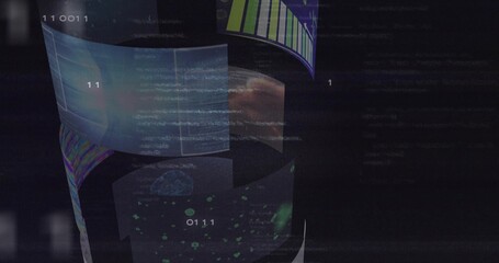 Fototapeta premium Displaying vertical cylindrical stack rotating in dark virtual space, showing numbers, code, nebula