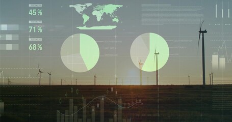 Naklejka premium Stretching line of wind turbines spanning sunset plain, showing pale charts and percent overlays