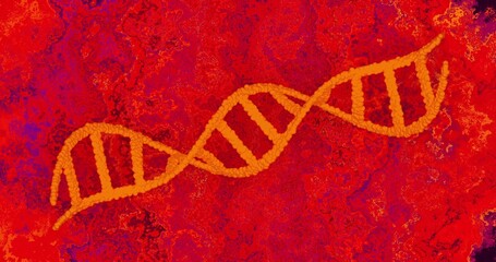 Featuring orange DNA helix with beaded segments twisting on marbled red backdrop with purple specks