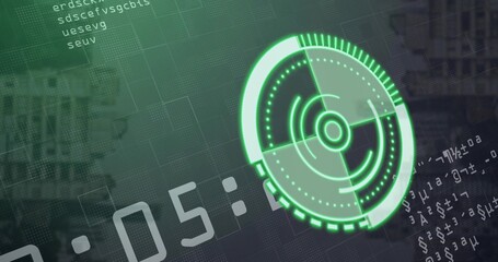 Glowing neon-green HUD rotating on right of screen, showing timer 05, grid, code, copy space