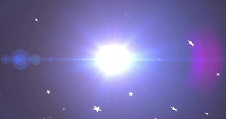 Naklejka premium Glowing central white-blue flare casting radial rays in dark sky with magenta-halo flare-line stars