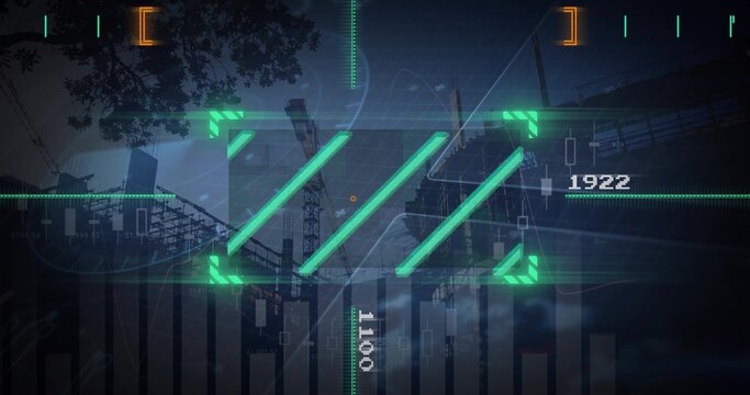 Displaying neon-green HUD-frame with three angled bars over dusk skyline showing cranes towers 1922
