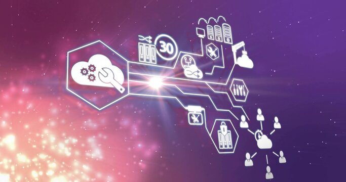 Showing glowing network diagram centered on purple gradient with hex panel, servers, calendar 30