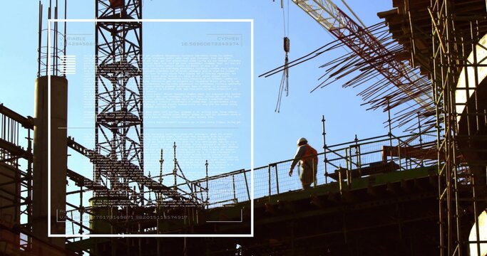 Walking site worker hardhat hi-vis vest navigating deck at building site, tower-crane, copy space
