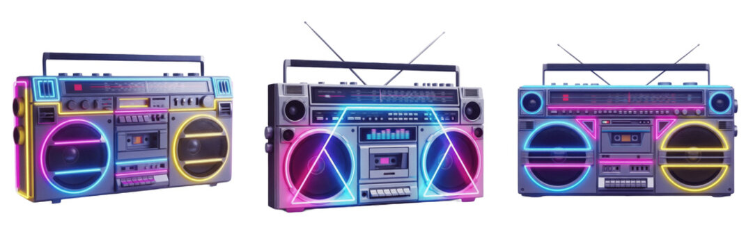 Retro Neon Boombox Set - 80s Vintage Style Ghetto Blaster with Glowing LED Accents & Dual Speakers - Cyberpunk Aesthetic Music Player for Retro Parties, Decor & Nostalgic Displays