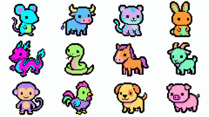 Naklejka premium Collection of colorful kawaii pixel art animals featuring twelve chinese zodiac signs set on white background, concept for game assets, digital stickers and retro graphic design