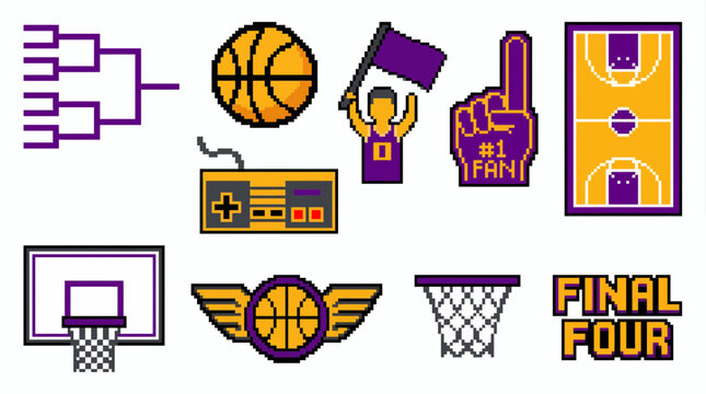 Pixel art basketball icon set featuring bracket, ball, court, hoop and fan elements on white background, concept for sports marketing, tournament promotion and mobile gaming app interface
