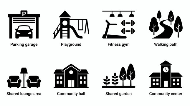 Collection of black and white icons for community facilities including parking playground gym walking path and garden, concept for urban development residential amenities and site planning