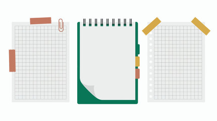 Blank grid paper sheets and spiral notebook with adhesive tape, paperclip and colorful tabs on white background, concept for office stationery, creative note taking and project planning