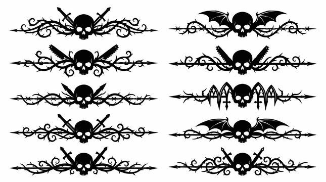 Set of black gothic skull horizontal dividers with swords, bat wings and thorny vines on white background, concept for tattoo design, heavy metal branding and dark decorative illustration