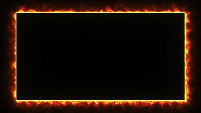 Animated burning fire frame with bright flames forming a glowing rectangular border on a dark background. Intense fiery edges flicker and move creating a dramatic effect. Seamless loop animation.