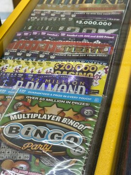 Canadian lottery scratch tickets displayed in retail counter display at convenience store in Gleichen Alberta Canada. March 11, 2026. For editorial use only.