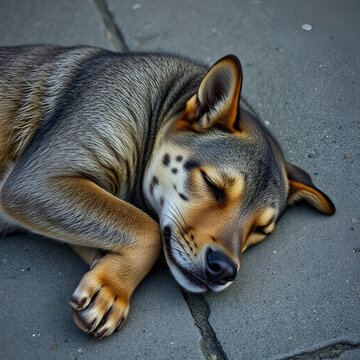 sleeping grey and brown tubby slep on the cement